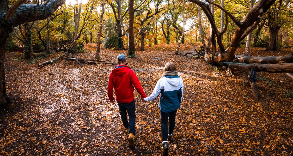 Couple holding hands in woodlands on the Isle of Wight